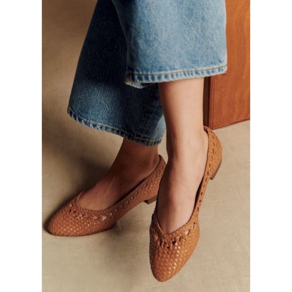 SEZANE Souliers Anya Low Flats Ballerina Woven Raffia Smooth Camel Braided 9 /40